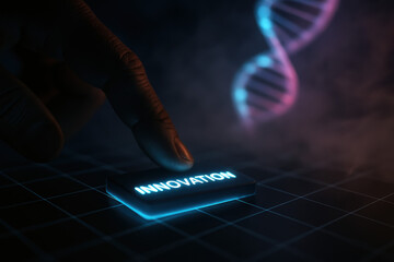 Glowing drags innovation tile on holographic grid with dna helix pulsing in neon haze