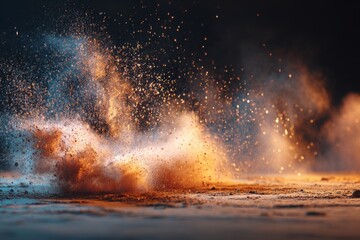 An explosion of golden powder, creating a dynamic and abstract design element, illuminated against a dark backdrop, with a sense of energy and movement.