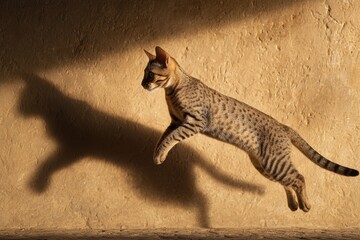 A leaping cat casts a strong shadow against the wall, blending feline movement with dramatic light and shape. The contrast emphasizes dynamic action and visual impact.