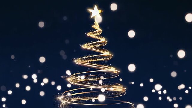 glowing spiral Christmas tree made of golden sparkling light, radiant star on top, floating in magical night background, glowing bokeh lights