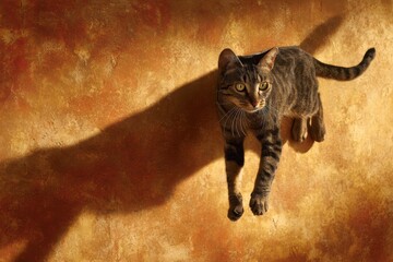 A leaping cat casts a strong shadow against the wall, blending feline movement with dramatic light and shape. The contrast emphasizes dynamic action and visual impact.