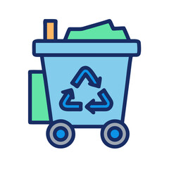 Obraz premium Stylized recycling bin icon with wheels and overflowing content on a black background