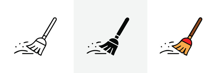 cleaning broom icon trio line drawing solid silhouette and colored vector for web app and print use