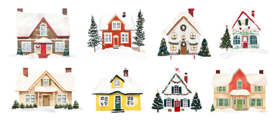 PNG Charming festive winter cottages illustration, element set on transparent background