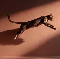 A leaping cat casts a strong shadow against the wall, blending feline movement with dramatic light and shape. The contrast emphasizes dynamic action and visual impact.