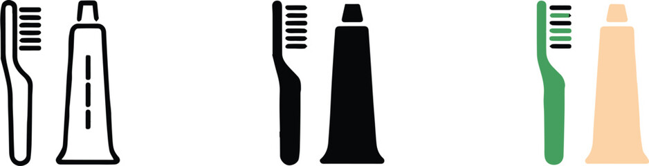 toothbrush and toothpaste vector trio black outline and colored icons perfect for app ui and packaging