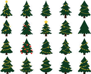 Christmas tree illustration collection, festive holiday vector set, decorative seasonal artwork, stylized pine ornament design, green red gold flat cad drawing