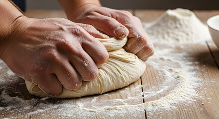 Close-up of hands kneading dough on a wooden surface dusted with flour.