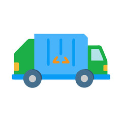 Naklejka premium Stylized flat design of a green and blue garbage truck on black background