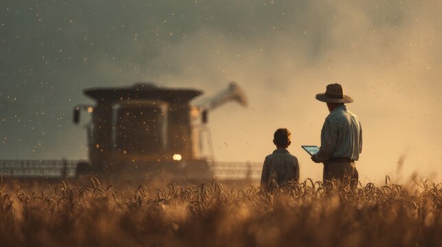 Farmer and his young son in golden autumn field with tablet, futuristic combine harvester in background