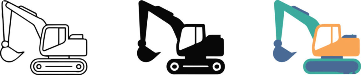 heavy machinery excavator vector trio minimal lineart bold silhouette and multicolor realistic © AIcon Star