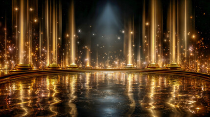 Dazzling light show illuminates a grand stage, enchanting reflections dance on shimmering water during a magical night event