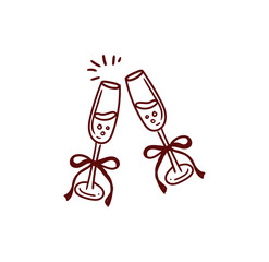 Original hand-drawn Merry Christmas illustration with minimalist Christmas toasting glasses. Illustrations for posters, cards, and graphic design.