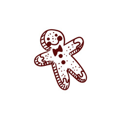 Original hand-drawn Merry Christmas illustration with a minimalist gingerbread man. Illustrations for posters, cards, and graphic design.
