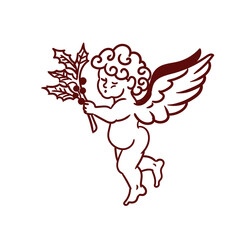 Original hand-drawn Merry Christmas illustration featuring a minimalist angel with Christmas mistletoe. Illustrations for posters, cards, and graphic design.