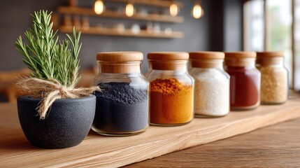 Low Angle Photo Of A Wooden Shelf Filled With Spices In Glass Jars With A Small Potted Plant On The Left In A Kitchen Setting