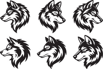 wolf head vector pack black and white six stylized profiles for logos tattoos emblems ai eps jpeg png