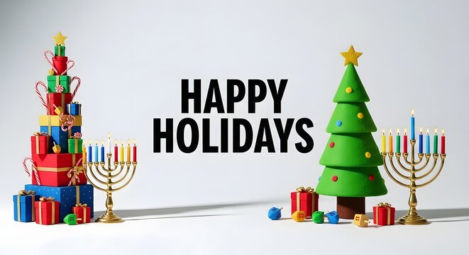 Happy holidays with christmas tree and menorah isolated on white background