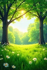 Sunlight dapples a vibrant green meadow, slender branches reaching skyward, creating a tranquil, idyllic scene Perfect for nature, spring, or pastoral themes , twigs, sunlight, dappled light