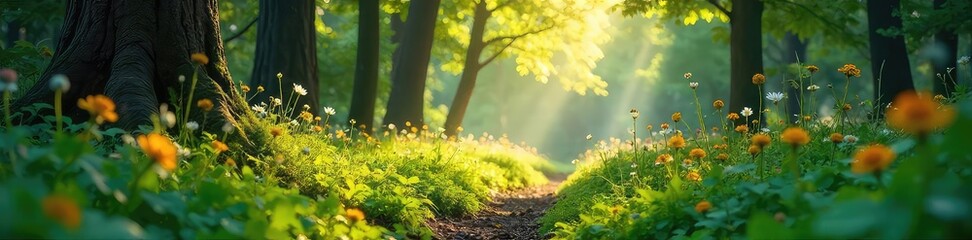 Sunlight dapples the forest floor, illuminating lush green foliage and wildflowers in a vibrant summer scene  Perfect for nature, travel, and environmental themes  , wildflower meadow, trees