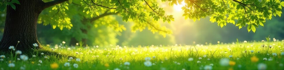 Sunlight dapples through delicate branches arching over a vibrant green meadow, wildflowers scattered beneath Perfect for nature, spring, and pastoral themes , stems, landscape, ecology