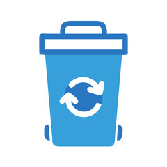 Blue Recycling Bin Icon on Black Background in Flat Design Style