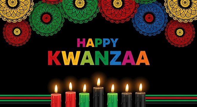 Colorful happy kwanzaa background with kinara candles and decorative elements