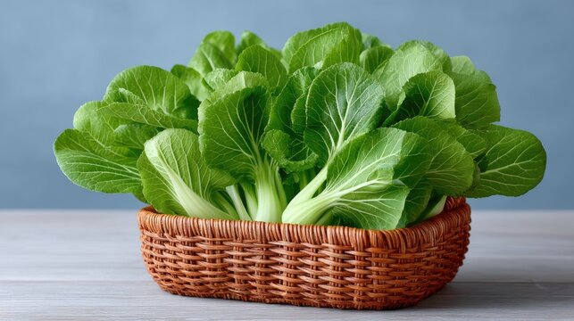 Macro Close Up Of Vibrant Green Bok Choy Leaves Freshly Harvested And Displayed In A Woven Basket Against A Textured Blue Background With Soft Lighting