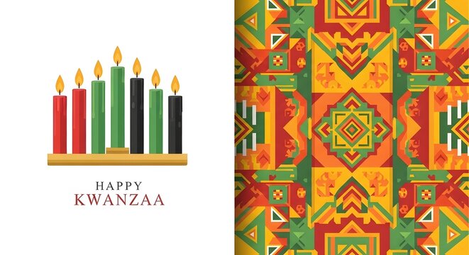 Happy kwanzaa holiday celebration with candles and pattern isolated on white