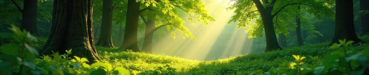 Sunlight dappling through the leaves in a lush, vibrant forest park  Perfect for nature, tranquility, and environmental themes  Tranquil scene, ideal for relaxation and escape ,  ecosystem,  canopy