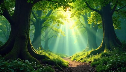 Sunlight dappling through the leaves of a lush, ancient forest Discover the serene beauty and untamed wilderness of nature's masterpiece , majestic, peaceful
