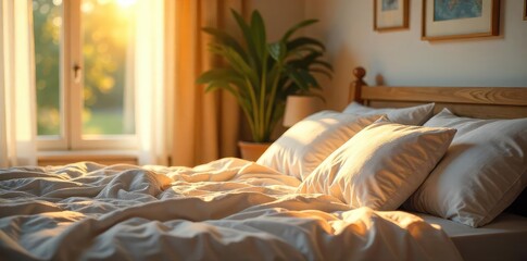 Sunlight streams into a bedroom, illuminating pillows scattered on a bed, suggesting a scene of joyful morning laughter , light, giggle, joy