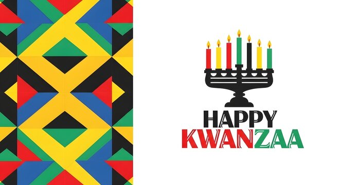 Happy kwanzaa celebration with kinara and pattern isolated on white background
