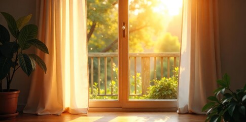 Sunlight streams through a wide open window, illuminating dust motes dancing in the warm air A gentle breeze softly stirs sheer curtains Perfect summer scene , air, comfortable, sunbeams