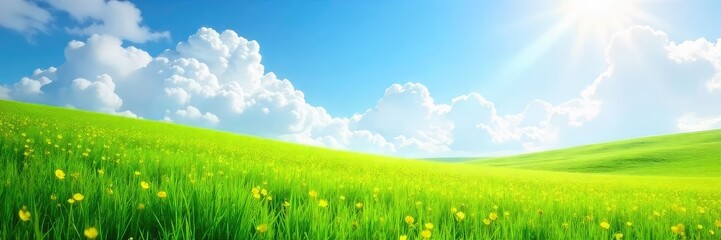 Sunlight streams through fluffy white clouds onto a vibrant green meadow, dappling the landscape with light and shadow Perfect for summer, nature, and idyllic themes , bright, light, green