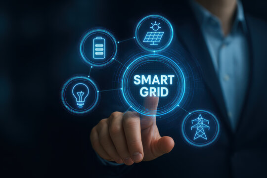 Smart grid technology and energy concept support innovation system control and efficient power supply with futuristic digital interfaces
