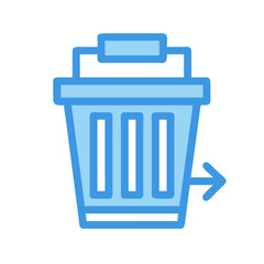 Blue trash bin icon with arrow indicating moving or deleting files, vector graphics