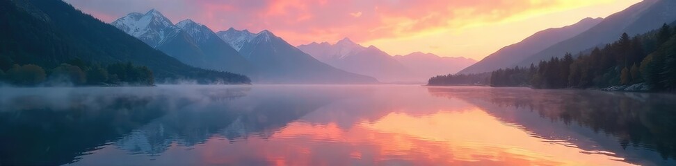 Tranquil lake reflecting a serene mountain range at sunrise, mist gently rising Perfect for relaxation and nature themes , lake, dawn, idyllic