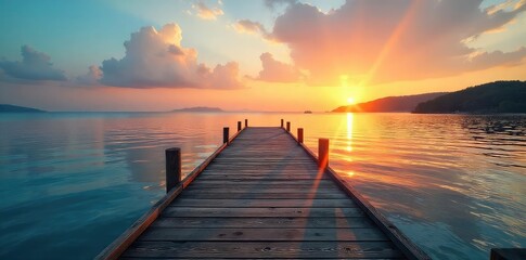 Tranquil scene of a wooden dock extending into calm waters, reaching a peaceful shoreline at sunset Perfect for travel, nature, and relaxation themes , waves, ocean