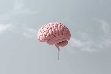 Realistic human brain floating in a dreamlike sky with wispy clouds