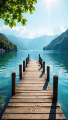 Tranquil scene of a wooden dock extending over calm waters towards a picturesque shore, bathed in soft sunlight Ideal for travel, nature, and relaxation themes , day, waterfront