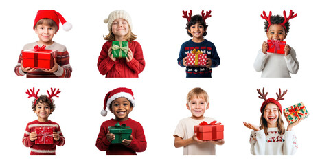 Fototapeta na wymiar PNG Children holding colorful Christmas gifts, element set on transparent background