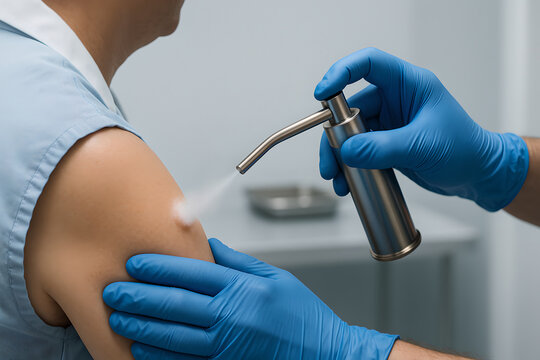 Photorealistic cryosurgery of skin lesion with liquid nitrogen, clinician hand in nitrile glove holding cryospray gun perpendicular to small benign lesion, gentle frost plume visible, intact skin