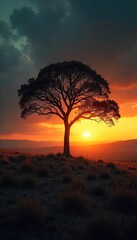 Vast, empty plains stretch to a desolate horizon under a brooding sky; a solitary tree stands silhouetted against the fading light, conveying profound loneliness , farm, landscape