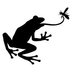 Silhouette of a frog with its long sticky tongue extended to catch a flying insect against a white background