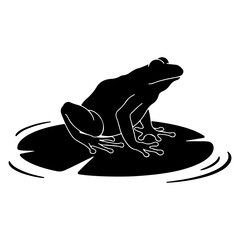 Silhouette of a frog perched on a lily pad with ripples in the water below in a simple black and white graphic style