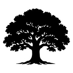 Silhouette of a majestic ancient oak tree with a sprawling canopy and strong roots against a white background