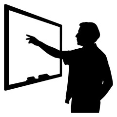 Silhouette of a man pointing at a blank whiteboard representing teaching presentation and learning concepts