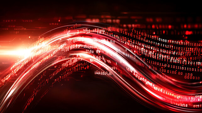 Cinematic shot of glowing data flowing through digital landscape, showcasing vibrant red light and binary code