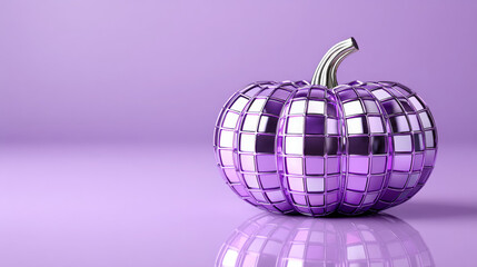 Mirrored disco pumpkin on clean violet background with reflections  